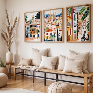 Barcelona Cityscape Set of 3 | Mediterranean Travel Posters | Modern Boho Gallery Wall | Spanish Architecture Prints | 6 Size Ratios