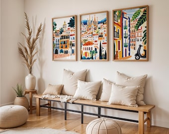 Barcelona Cityscape Set of 3 | Mediterranean Travel Posters | Modern Boho Gallery Wall | Spanish Architecture Prints | 6 Size Ratios
