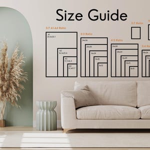 May include: A size guide for prints with different aspect ratios, including 5:7, 2:3, 4:5, 3:4, and 11:14. The guide shows the dimensions of various sizes in inches, such as 24x36, 20x30, 18x24, 16x20, 12x18, 10x12, 8x12, 6x12, 9x12, and 15x20.