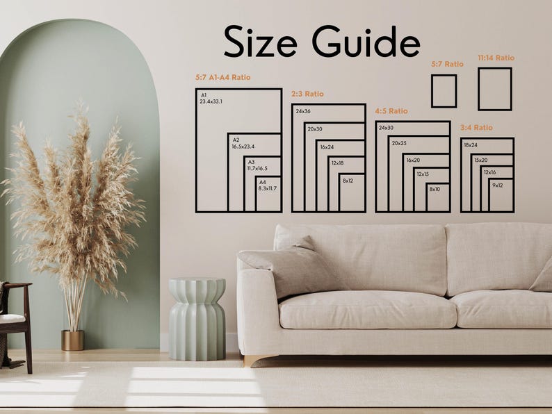 May include: A size guide for prints with different aspect ratios, including 5:7, 2:3, 4:5, 3:4, and 11:14. The guide shows the dimensions of various sizes in inches, such as 24x36, 20x30, 18x24, 16x20, 12x18, 10x12, 8x12, 6x12, 9x12, and 15x20.