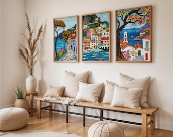 Mediterranean Coastal Town Painting Set | Travel Art | Amalfi, Italy, Seaside Villages | Set of 3 | 6 Size Ratios
