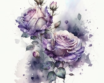 Roses Print, Printable Wall Art, Watercolor Purple Roses Wall Decor, Flower Art Print, Instant Digital Download