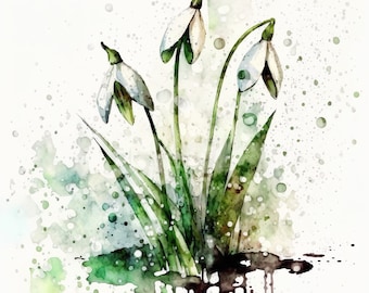 May include: A watercolor painting of three white snowdrop flowers with green stems and leaves. The background is a white canvas with green and brown watercolor splatters.