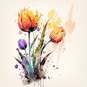 Tulips Print, Printable Wall Art, Watercolor Tulips Wall Decor, Flower Art Print, Instant Digital Download