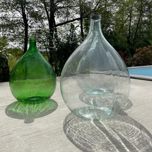 Juego de tres botellas de vino vintage de cristal grandes/damajuana XXL de 54 l/decoración de jardín exterior/damajuana italiana antigua/botella de vino vintage XXL