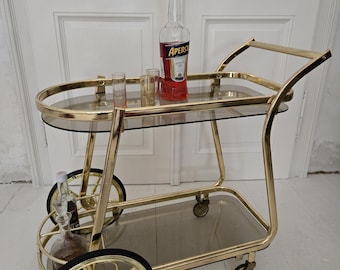 Mid Century Serving Trolley/80s/Retro Trolley/Vintage Hollywood Regency Modern Chrome trolley table with smoked glass/Bar Cart
