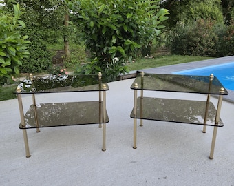Vintage Style Bedside Tables / Two Smoked Gray Glass Shelves / Mid Century Nightstand / Set of 2