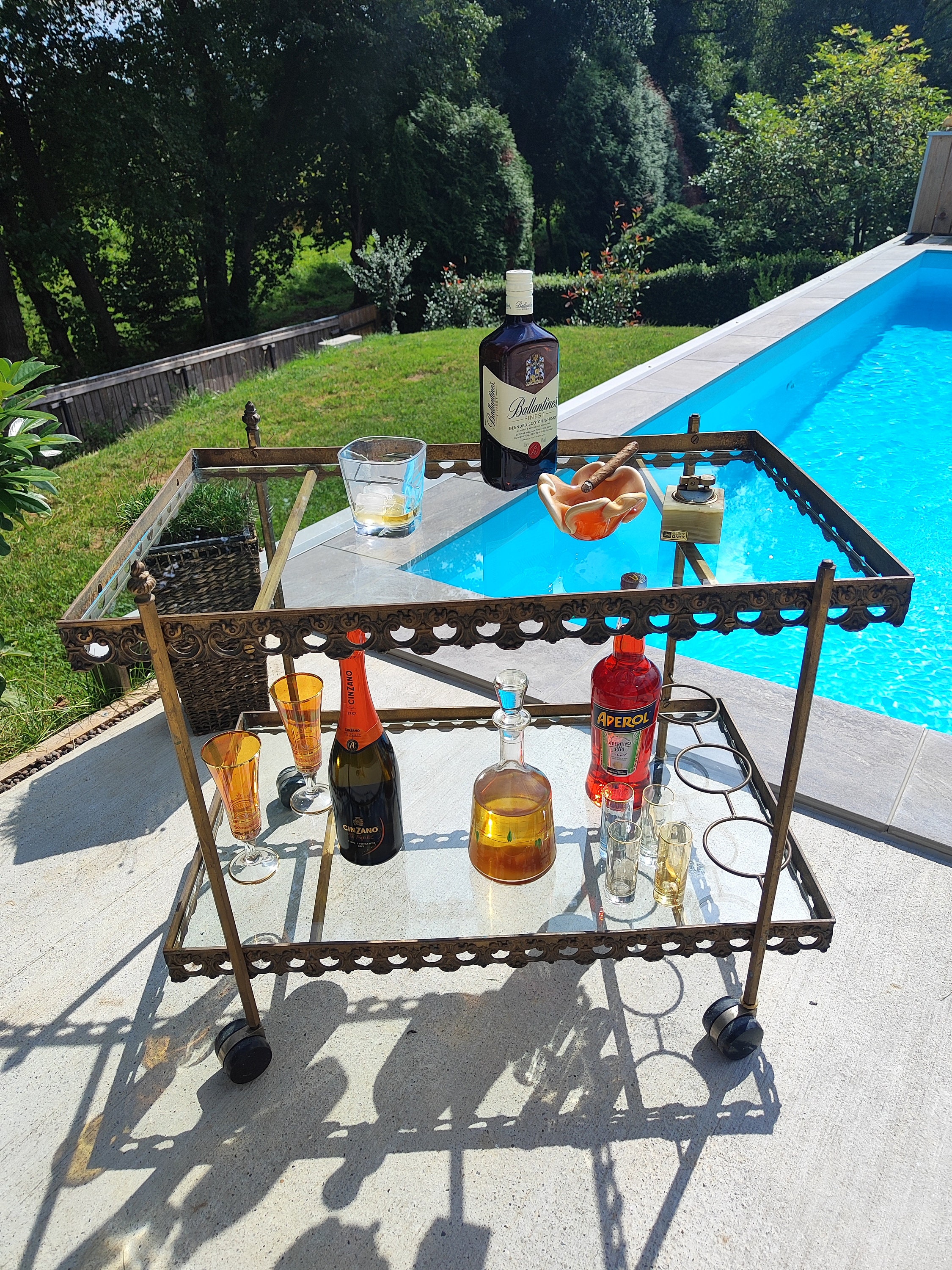 Beautiful vintage neoclassical bar cart/serving trolley/Brass bar cart/Art Deco Trolley/bar cart
