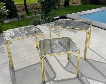 Ensemble de 3 tables basses en laiton / Laiton doré et verre fumé / Table basse vintage / Meubles Mid-Century / Années 80 / Table d'appoint vintage