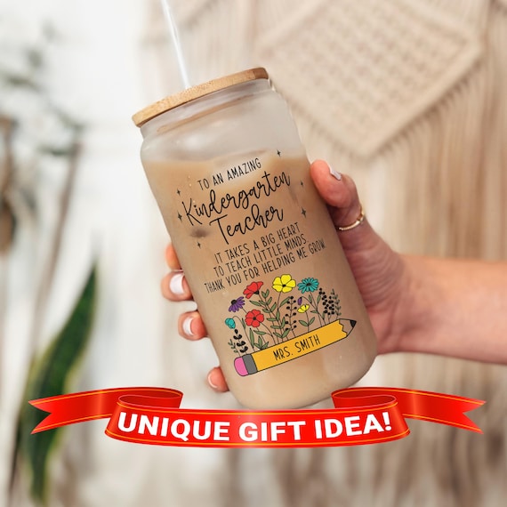 Kindergarten Teacher Glass Tumbler, Kindergarten Teacher Gift, Personalized Kindergarten Teacher Mug, Iced Coffee Cup with Lid and Straw