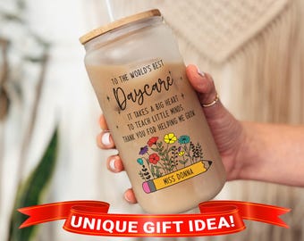Daycare Glass Tumbler, Personalized Daycare Gift, Daycare Tumbler, Daycare Mug,Daycare Iced Coffee Cup with Lid and Straw,Daycare Coffee Cup