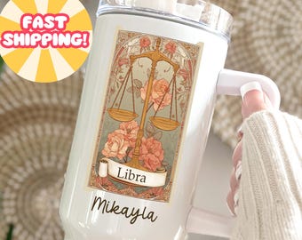 Vaso personalizado de 40 oz con el zodiaco: taza de viaje con aislamiento astrológico personalizado y asa