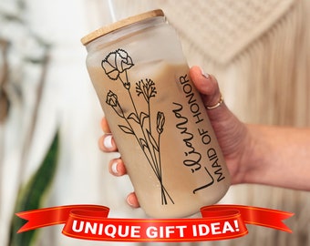 Maid of Honor Tumbler, Matron of Honor Gift, Maid of Honor Proposal, Bridal Party Cups, Iced Coffee Cup, Glass Tumbler with Lid and Straw