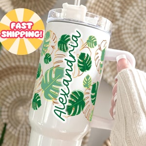 Custom Monstera Tumbler with Handle, Tropical Leaf Summer Cup, Personalized Stainless Steel Tumbler with Straw, Name Travel Mug for Women