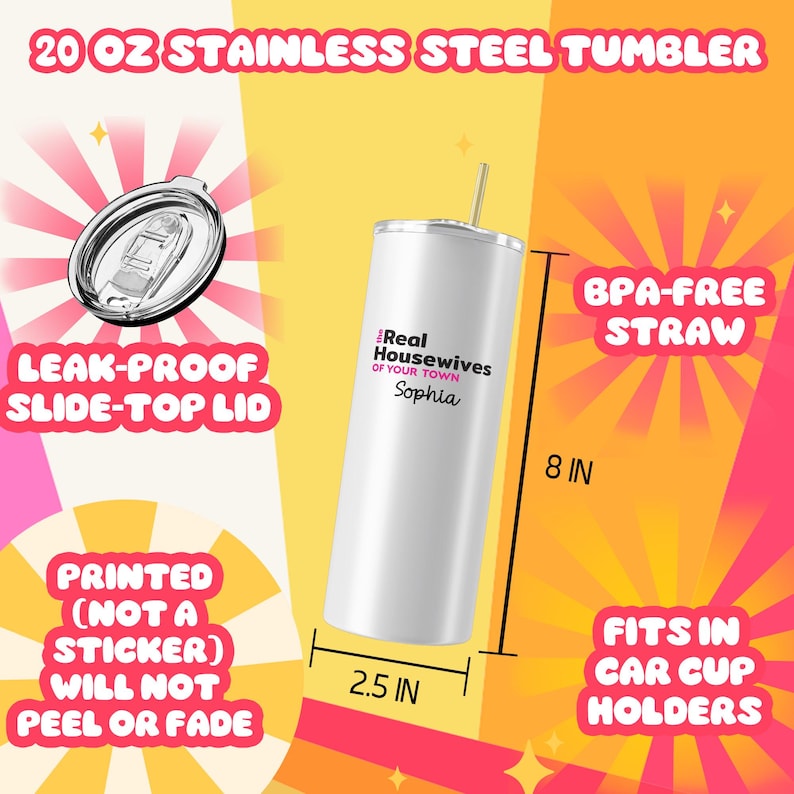 Taza de viaje con asa de 40 oz de Real Housewives: regalo personalizado para mamá, amiga, vecina o cualquier otra persona. 20 oz Skinny Tumbler