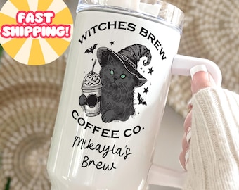 Black Cat Witches Brew 40oz Insulated Tumbler: Personalized Halloween Witch Travel Mug