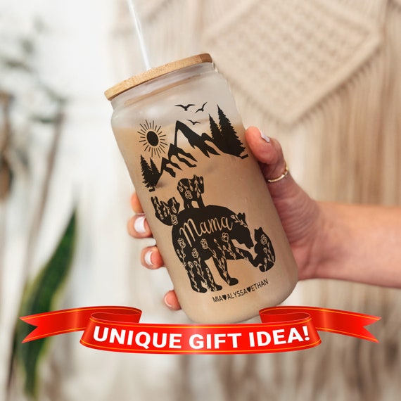 Mama Bear Cup, Mama Bear Mug, Personalized Gift for Mom, Mama Bear Gifts, Mom Glass Tumbler, Sipper Glass,Iced Coffee Cup with Lid and Straw