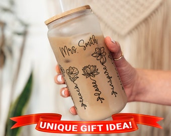 Teacher Iced Coffee Cup, Personalized Teacher Gift, Teacher Glass Tumbler, Teacher Tumbler with Lid and Straw,Teacher Appreciation Gift