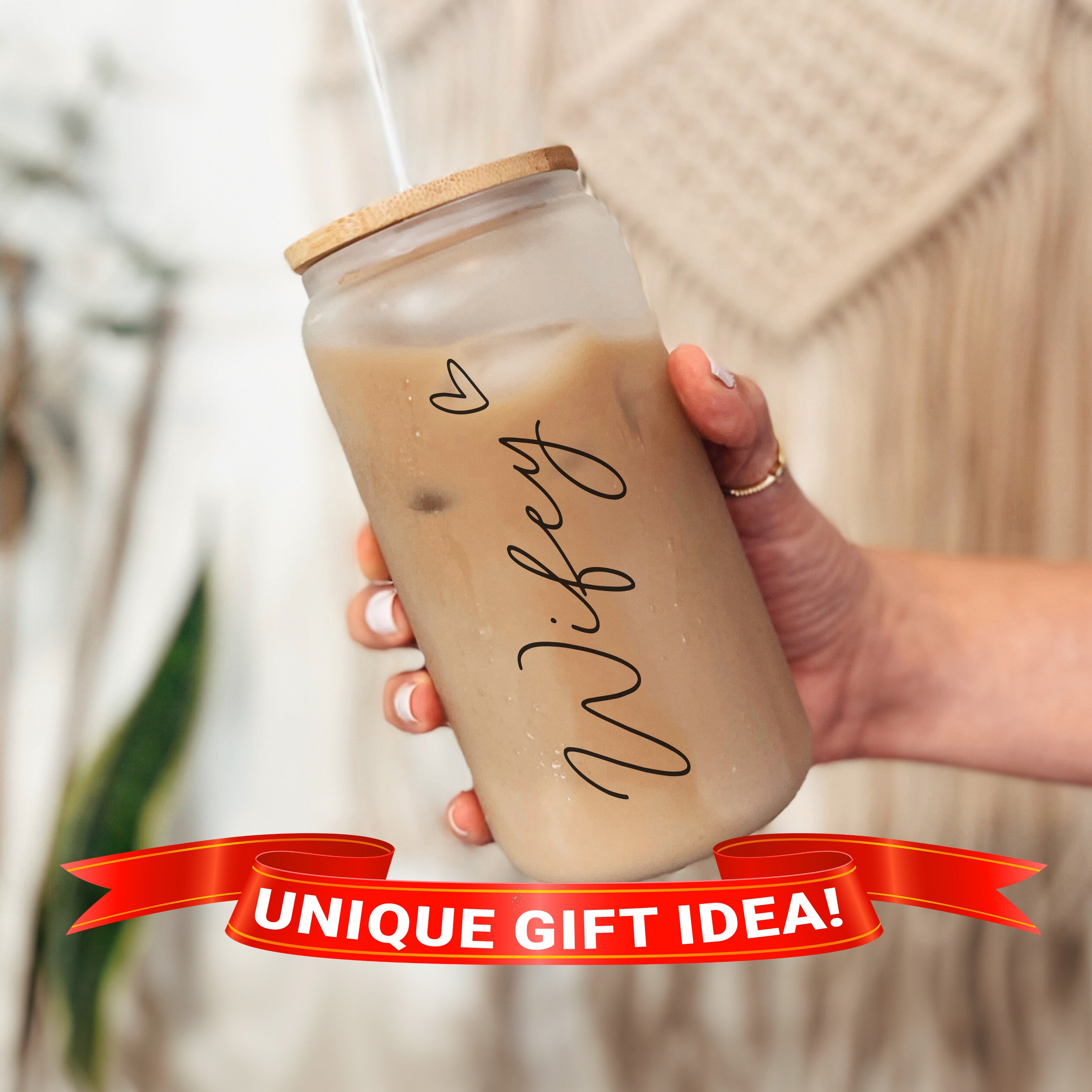 Wifey Glass Tumbler, Wifey Mug, Bride Gift,Wifey Cup,Engagement Gift for Bride,Bridal Shower Gift,Frosted Iced Coffee Cup with Lid and Straw