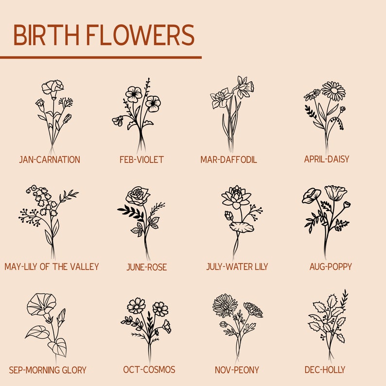 May include: A black and white illustration of flowers representing the birth month flowers. The flowers are arranged in a grid with the month and flower name below each image. The flowers include carnation, violet, daffodil, daisy, lily of the valley, rose, water lily, poppy, morning glory, cosmos, peony, and holly.