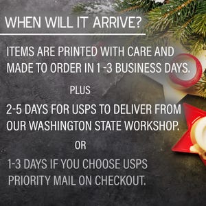 May include: Black chalkboard with white text outlining shipping information for items. The text reads: WHEN WILL IT ARRIVE? ITEMS ARE PRINTED WITH CARE AND MADE TO ORDER IN 1-3 BUSINESS DAYS. PLUS 2-5 DAYS FOR USPS TO DELIVER FROM OUR WASHINGTON STATE WORKSHOP. OR 1-3 DAYS IF YOU CHOOSE USPS PRIORITY MAIL ON CHECKOUT.