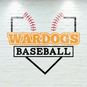 May include: A white brick wall with a black and orange baseball logo. The logo features a baseball diamond, two red baseball stitches, and the text "WARDOGS BASEBALL".