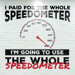 May include: A white brick wall with black and red text that reads "I paid for the whole speedometer I'm going to use the whole speedometer". A black and red speedometer is in the middle of the text with a red needle pointing to 180.