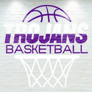 May include: A white brick wall background with a purple basketball graphic and the words "TROJANS BASKETBALL" in white and purple. A white basketball net is at the bottom of the image.