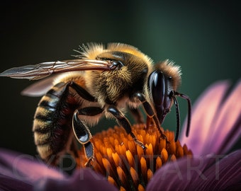 Photorealistic macro shot of bee on flower - poster