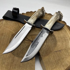 Hand Made Survival Knife Hunting Knife with Stag Antler Handle Custom Bowie Knife With Leather Sheath Heavy Duty Knife Gifts For Men Razor