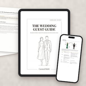 Op de afbeelding: Een digitale gids getiteld The Wedding Guest Guide weergegeven op een tablet en smartphone, vergezeld van geprinte pagina's. De gids bevat een lijntekening van een koppel in formele kleding en tekst over dresscodes voor bruiloftsgasten.