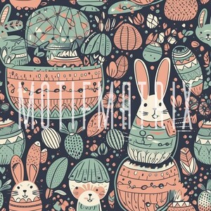Easter Pattern with Eggs, Bunnies, and Baskets