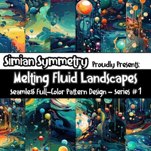 May include: A seamless pattern design featuring a colorful abstract landscape with swirling, melting shapes and vibrant spheres. The design is titled "Melting Fluid Landscapes" and is part of a series called "Simian Symmetry".