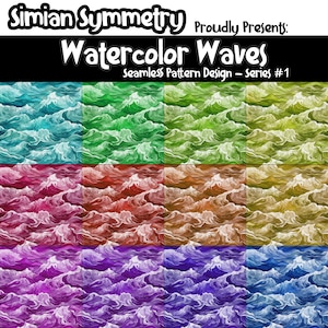 May include: Nine different watercolor patterns of ocean waves in various colors, including teal, green, red, orange, purple, and blue. The patterns are seamless and can be used for a variety of creative projects.