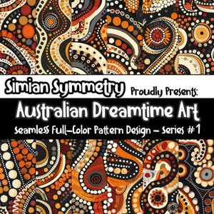 Può includere: Quattro motivi senza cuciture che presentano disegni astratti in tonalità di arancione, marrone, bianco e nero. I motivi sono ispirati all'arte aborigena australiana e presentano punti, cerchi e spirali.