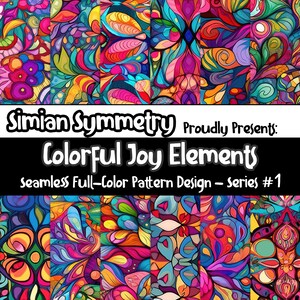 May include: A colourful, abstract pattern design featuring a variety of shapes and colours. The design is seamless and can be used for a variety of purposes, such as fabric, wallpaper, or wrapping paper. The design is titled "Colorful Joy Elements" and is part of a series called "Simian Symmetry".