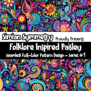 Könnte beinhalten: Ein farbenfrohes Paisley-Musterdesign auf schwarzem Hintergrund. Das Design zeigt eine Vielzahl von floralen und Paisley-Motiven in leuchtenden Farben, darunter Rot, Orange, Gelb, Grün, Blau und Lila. Der Text "Simian Symmetry Proudly Presents: Folklore Inspired Paisley Seamless Full-Color Pattern Design - Series #1" ist oben im Bild dargestellt.