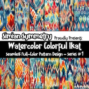 Puede incluir: Una ilustración digital de un patrón ikat de acuarela en una variedad de colores, incluyendo azul, rojo, amarillo y verde. El patrón es sin costuras y se puede utilizar para una variedad de propósitos, como tela, papel tapiz o papel de envolver. El texto "Simian Symmetry Proudly Presents: Watercolor Colorful Ikat Seamless Full-Color Pattern Design - Series #1" está en la parte inferior de la imagen.