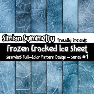 Könnte beinhalten: Ein nahtloses Musterdesign mit einer rissigen Eisfläche in Blautönen. Das Design trägt den Titel "Frozen Cracked Ice Sheet" und ist Teil einer Serie namens "Simian Symmetry".