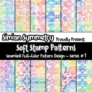 May include: A set of 9 digital seamless patterns featuring soft, watercolor-like designs in a variety of pastel colors. The patterns are titled "Soft Stamp Patterns" and are part of a series called "Simian Symmetry".