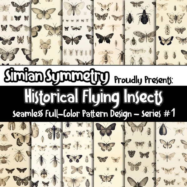 Historical Flying Insects Digital Paper | Instant Download | Seamless Patterns | Vintage Entomology | Insect Patterns | Vintage Bugs