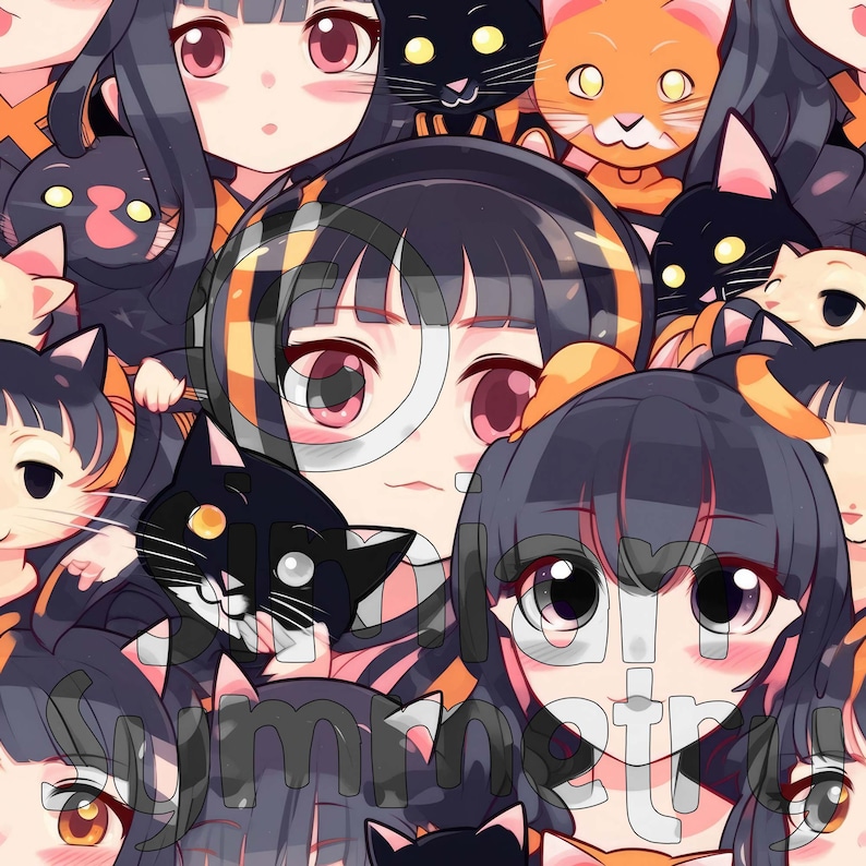 Anime Cat Girls Digital Paper Neko Seamless Design Kawaii Repeating ...