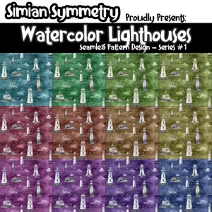 DIGITAL PAPER Watercolor Lighthouses Series 1 | Seamless Designs | Twelve Colorful Patterns | Tile Patterns | Instant Download