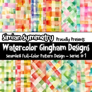 May include: A set of six watercolor gingham patterns in various colors, including red, green, yellow, and blue. The patterns are seamless and can be used for a variety of projects, such as fabric, wallpaper, and scrapbooking.