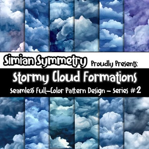 May include: A digital illustration of a seamless pattern featuring stormy clouds in shades of blue, white, and gray. The pattern is titled "Stormy Cloud Formations" and is part of a series called "Simian Symmetry".
