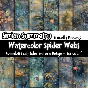May include: A set of six watercolor seamless patterns featuring spider webs in a dark blue, green, and brown color scheme. The patterns are perfect for creating digital or printed designs.