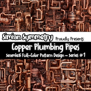 Pode incluir: Um design de padrão sem costura que apresenta um padrão repetitivo de tubos de encanamento de cobre. O design está em formato de cor completa e faz parte de uma série intitulada "Copper Plumbing Pipes".