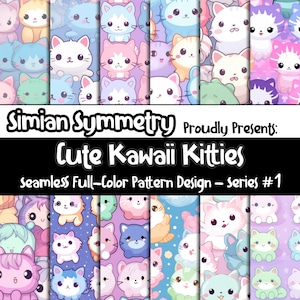 Op de afbeelding: Een set van 10 digitale naadloze patronen met schattige kawaii-katjes in verschillende poses en kleuren. De patronen zijn perfect voor knutselen, scrapbooking en andere creatieve projecten.