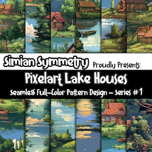 Pixelart Lake Houses digitaal papier | Direct downloaden | Naadloze patronen | Retro Retreats-collectie | Pixel Anime-huizen | Manga-huizen