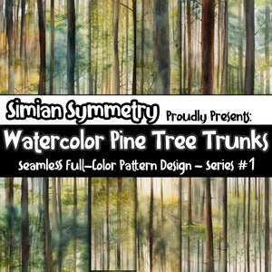 May include: A seamless watercolor pattern design featuring a forest of pine tree trunks. The pattern is in shades of green, brown, and yellow, and is perfect for creating a natural and organic feel in any design project.